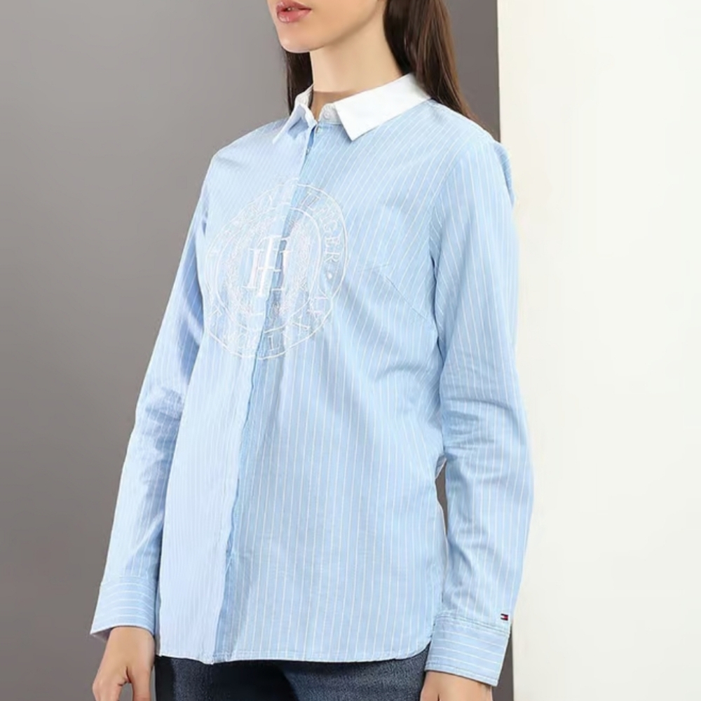 TOMMY HILFIGER Blue Striped Embroidered Logo Cotton Shirt - Picture 3 of 8